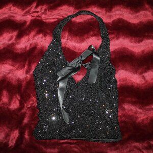 Black sequin halter top with tie bow